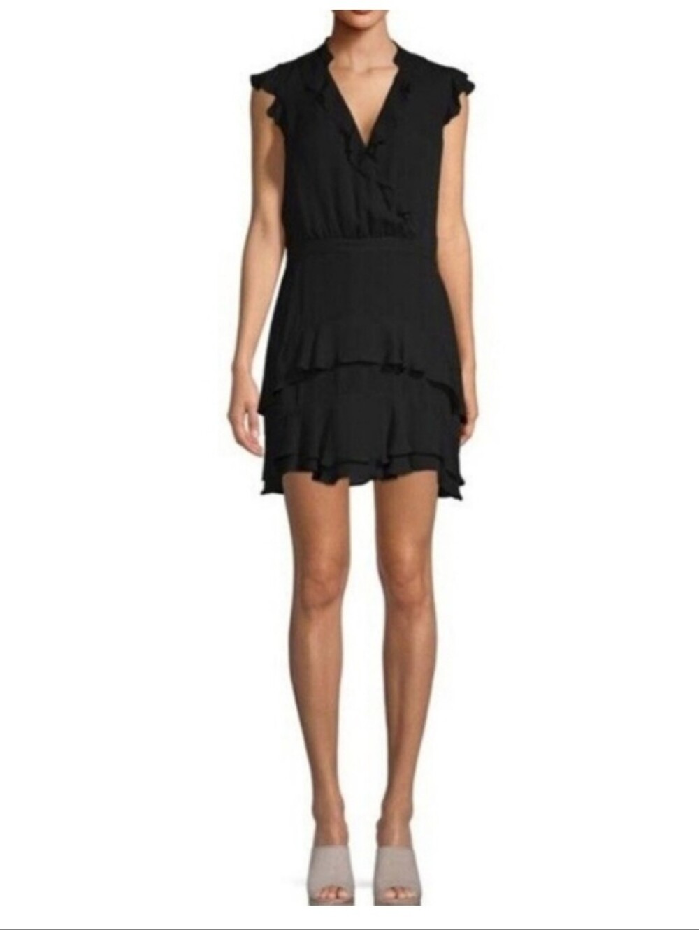 Parker Tangia Black Ruffle V-Neck Sleeveless Silk Blend Dress, Sz 8